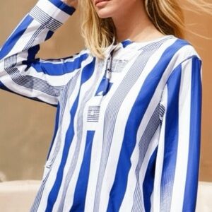 J CREW Women's Coastal Chic Button Front Cotton Poplin Popover Top White Blue XS